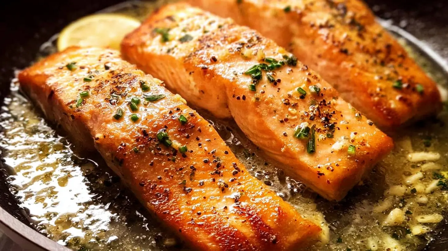Cooked Easy Garlic Butter Salmon fillet on a pan, golden brown