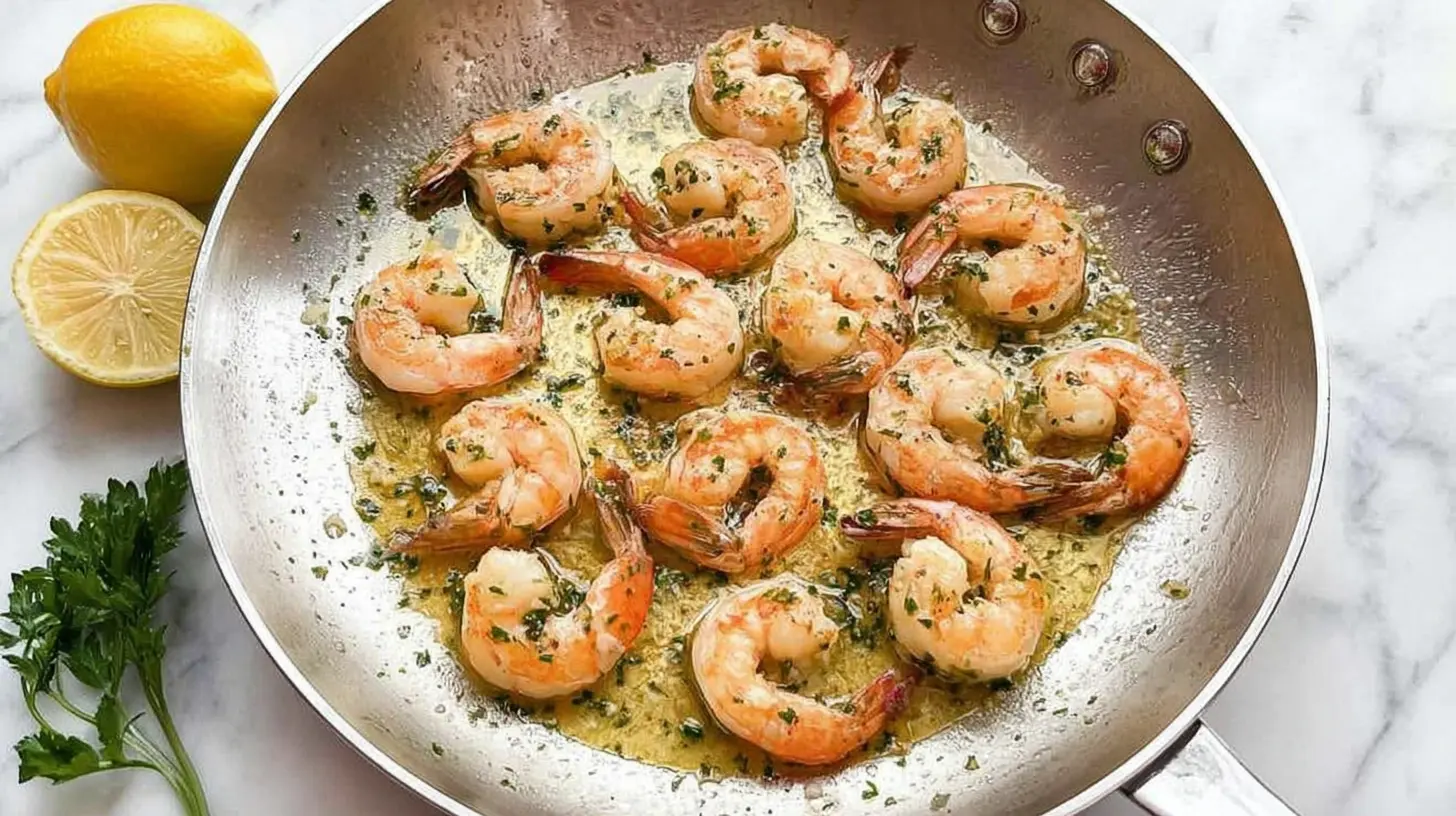 A serving of easy garlic butter shrimp in a skillet, ready to eat