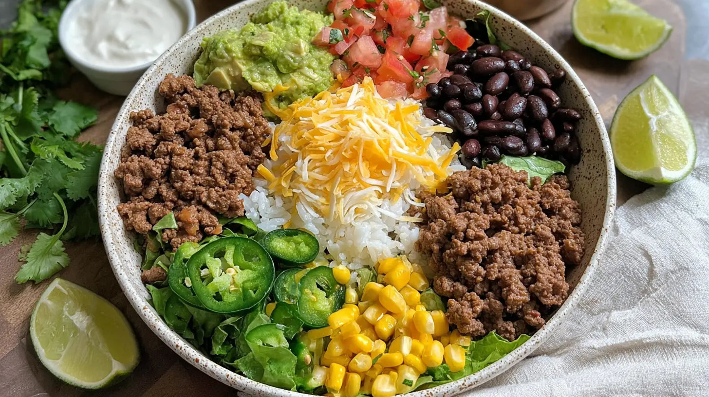 A colorful and hearty Easy Ground Beef Burrito Bowl with various toppings.