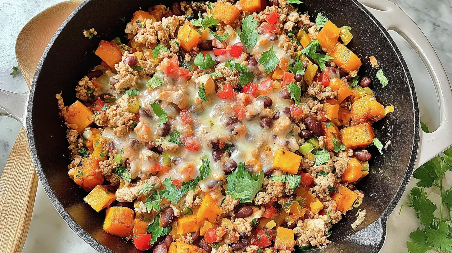 An easy ground turkey skillet dish, ready to serve