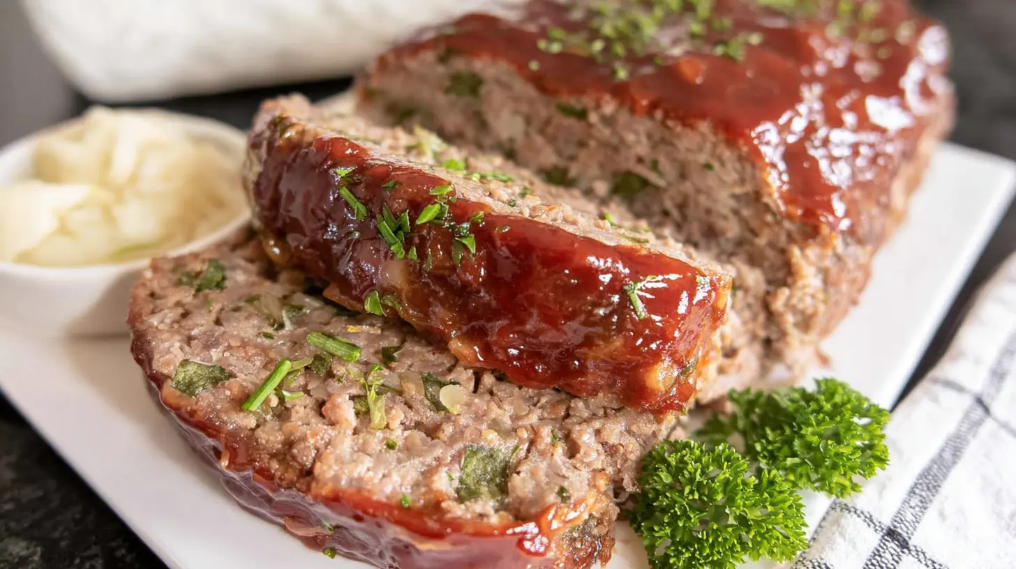A freshly baked easy homestyle meatloaf on a serving platter.