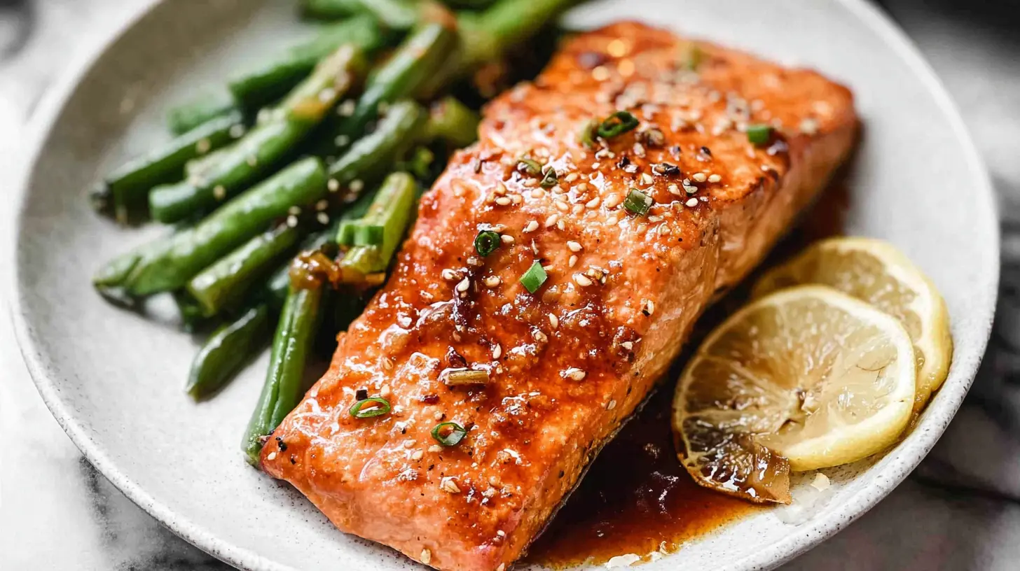 A plate featuring perfectly cooked easy honey garlic salmon with a glossy glaze