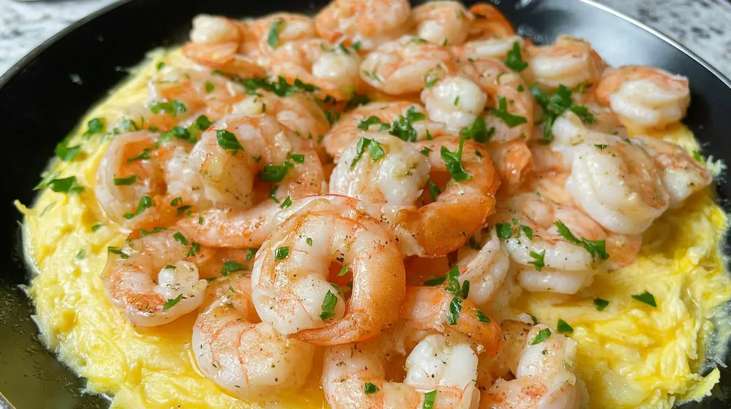 Pan-seared garlic shrimp, prepared as a low-carb dinner option.