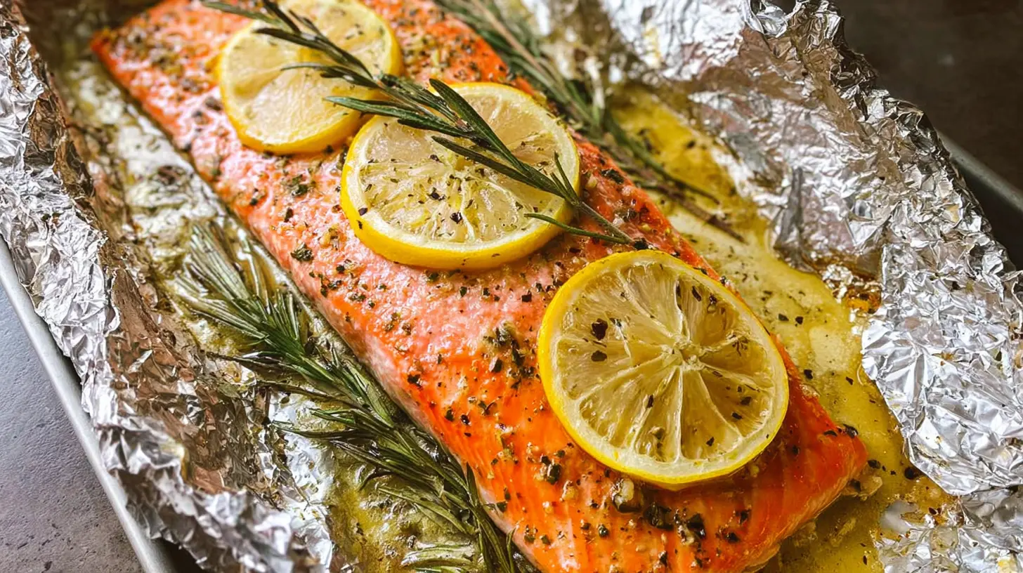 Delicious baked salmon seasoned with herbs, served with lemon wedges.