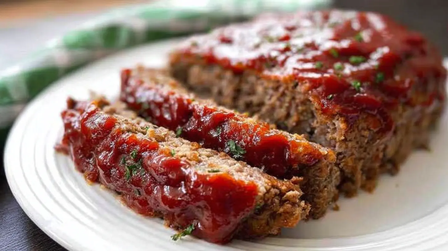 A freshly baked easy meatloaf with a shiny, rich ketchup glaze on top.