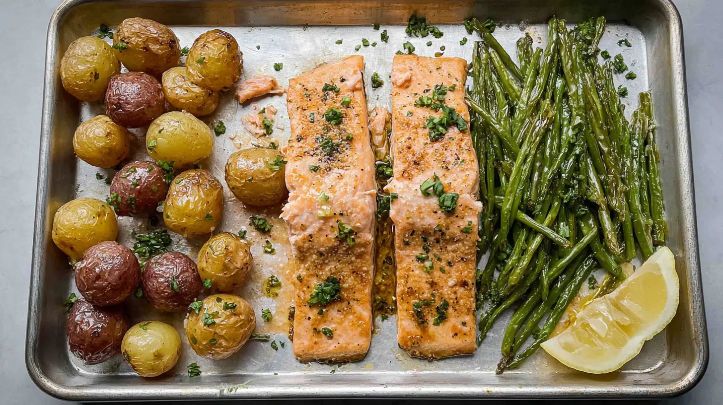 Golden brown one-pan salmon filet accompanied by colorful sides