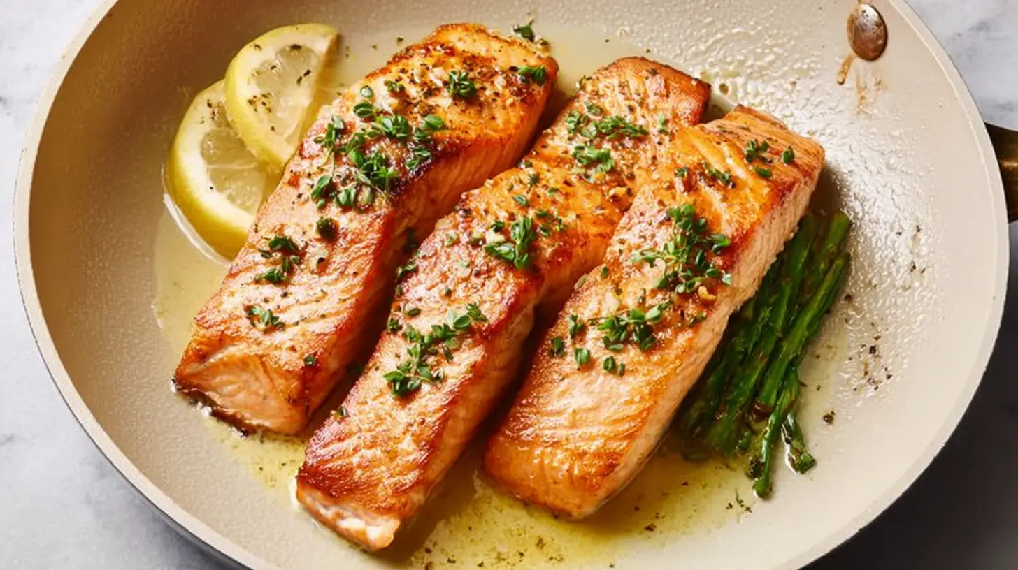A perfectly cooked pan seared salmon fillet on a white plate.