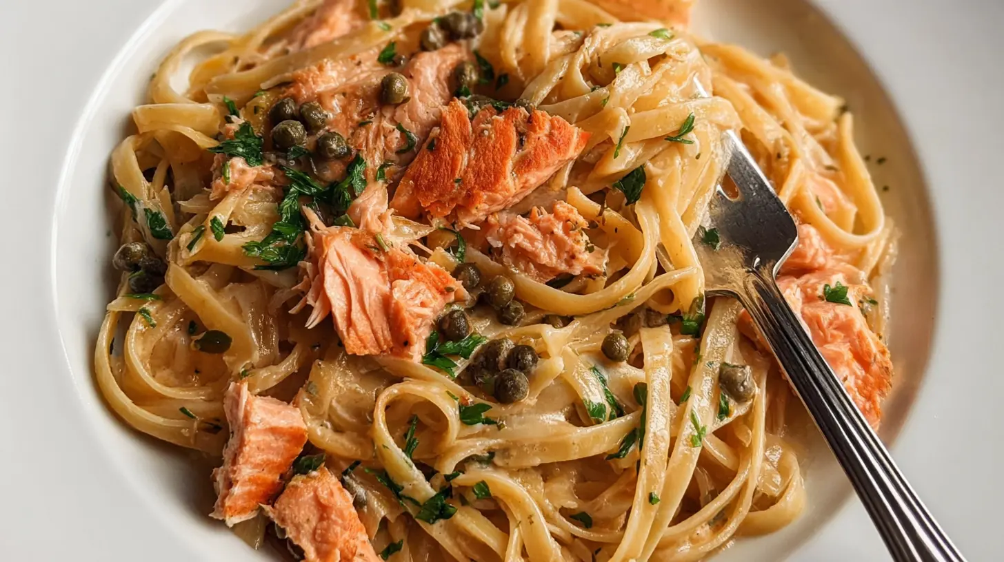 A bowl of easy salmon pasta dinner, garnished with fresh herbs.