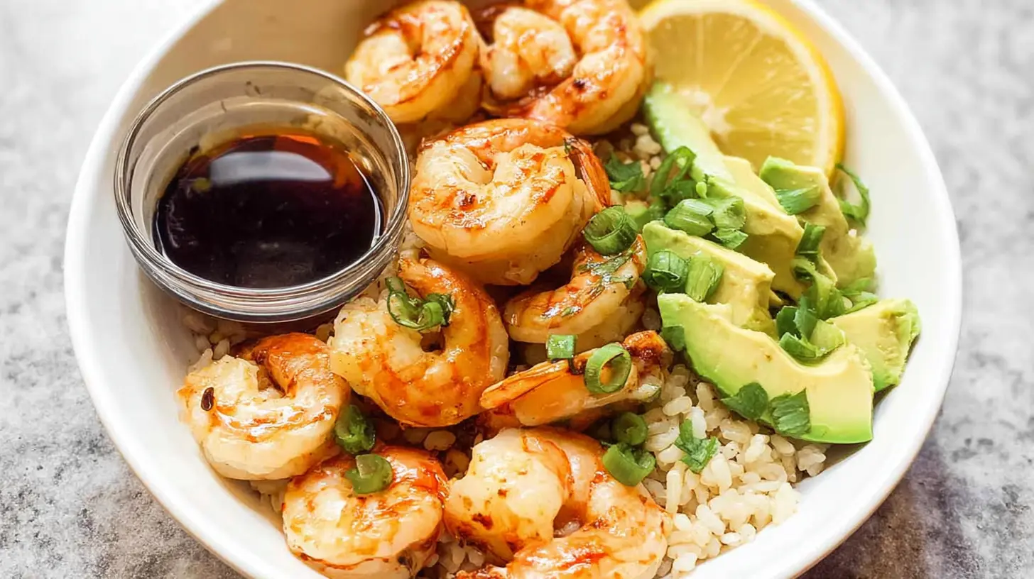 A vibrant easy shrimp and rice bowl with fresh vegetables