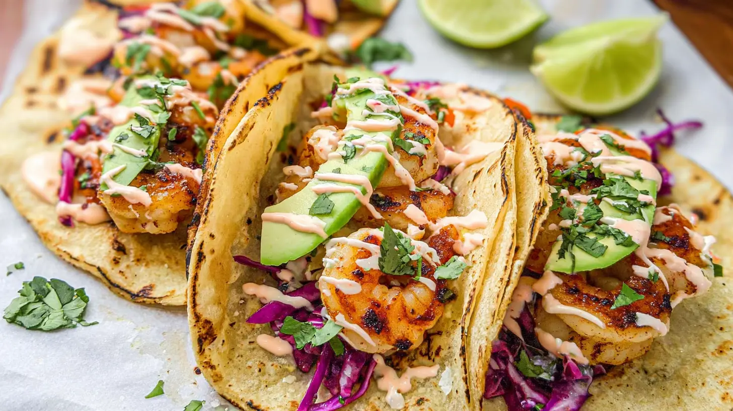 A vibrant plate of easy shrimp tacos with fresh toppings.