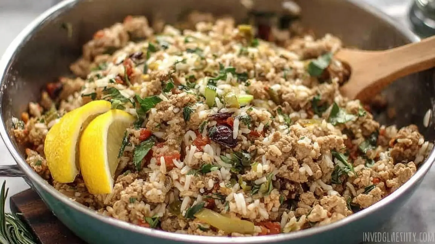 Delicious ground turkey and rice skillet with vegetables prepared quickly.