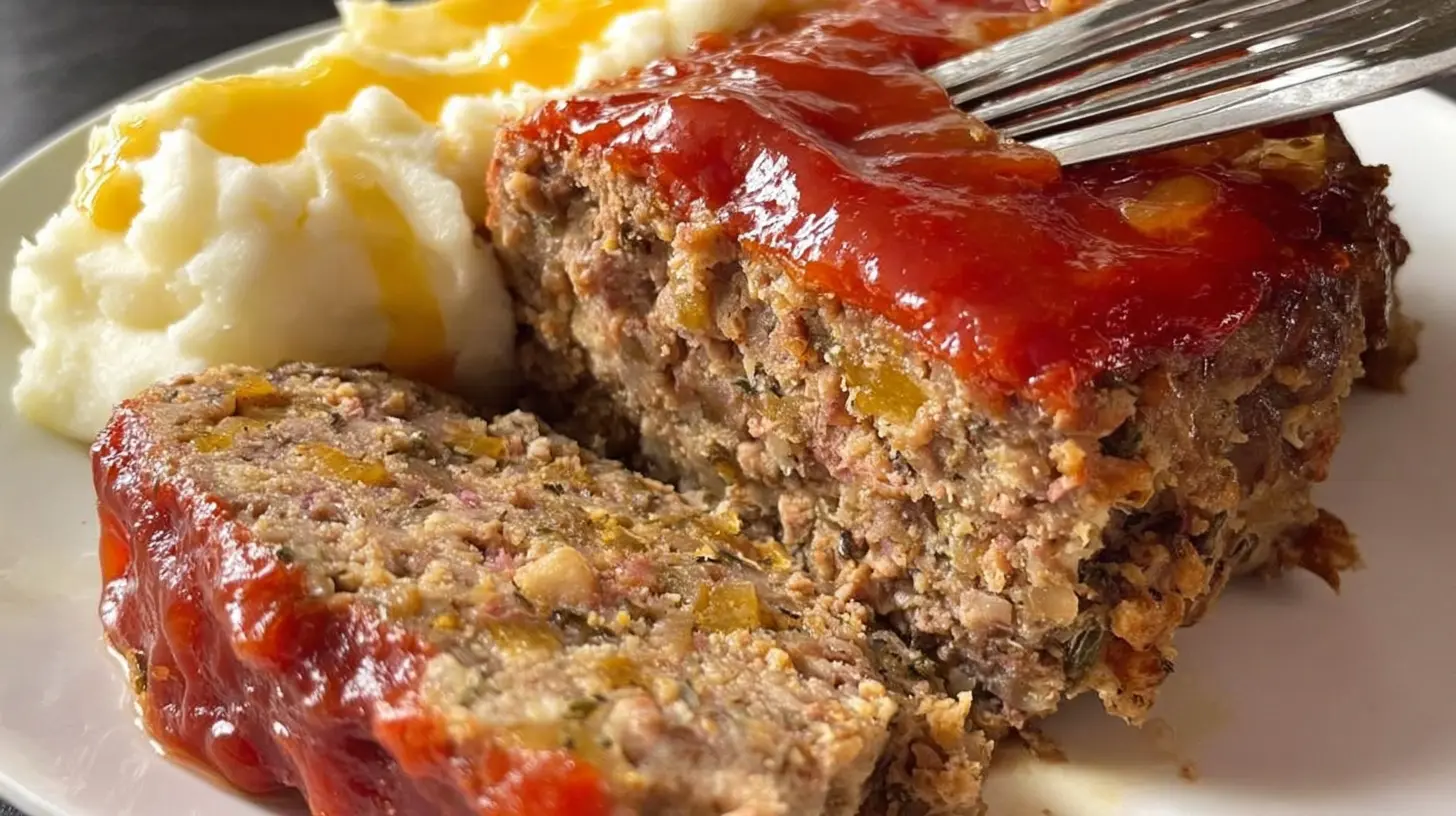A savory family favorite meatloaf, perfectly baked and sliced on a serving platter.