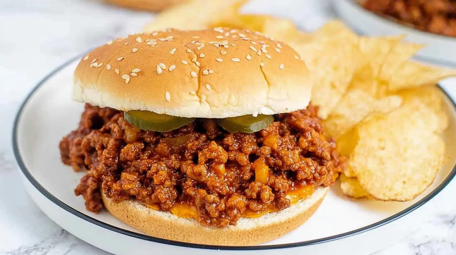A plate of fast ground beef sloppy joes on buns, ready to eat