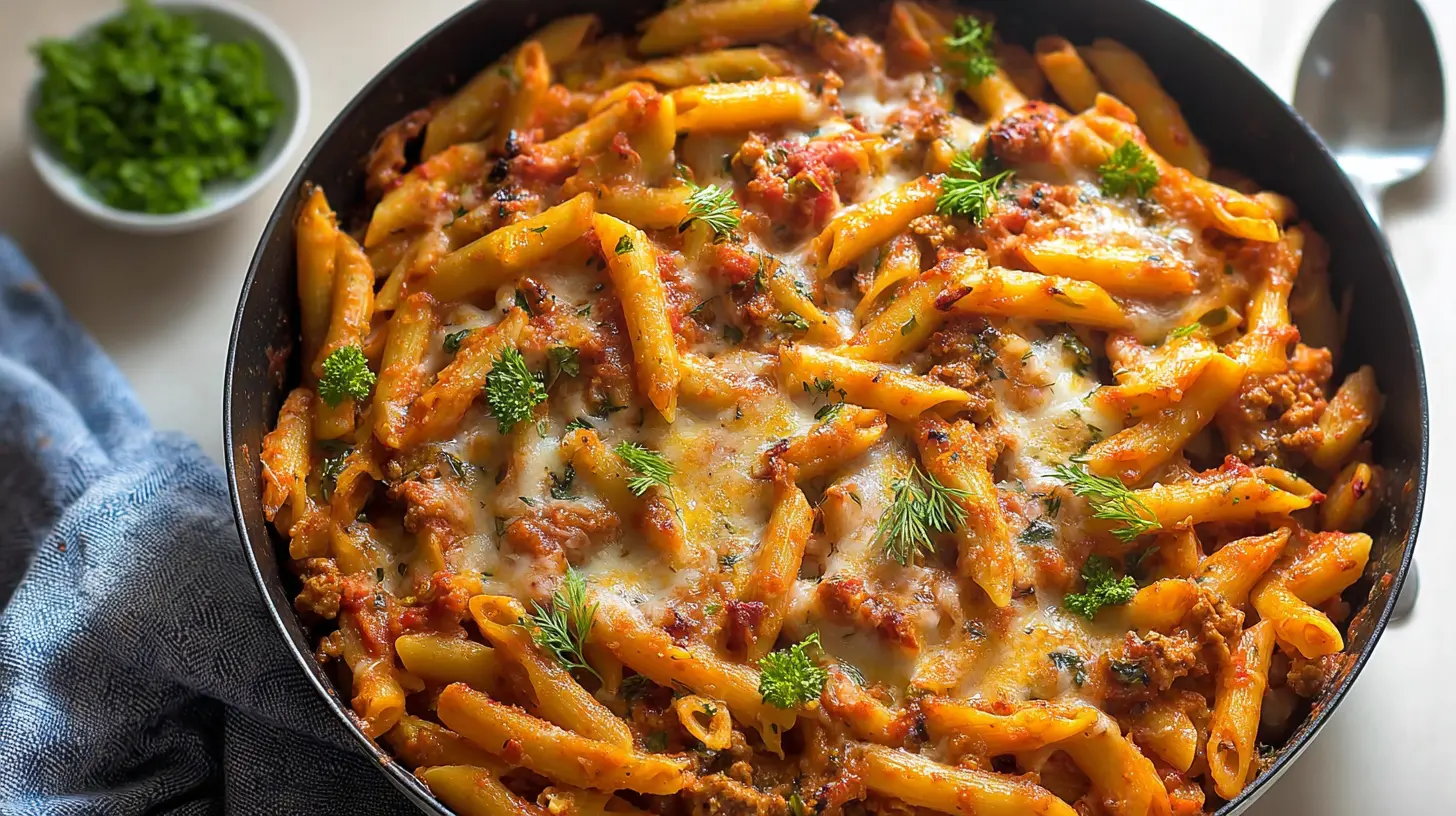 A bowl of fast ground turkey pasta garnished with fresh herbs