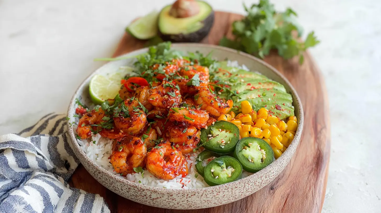 A vibrant fast shrimp rice bowl with fresh vegetables and sauce