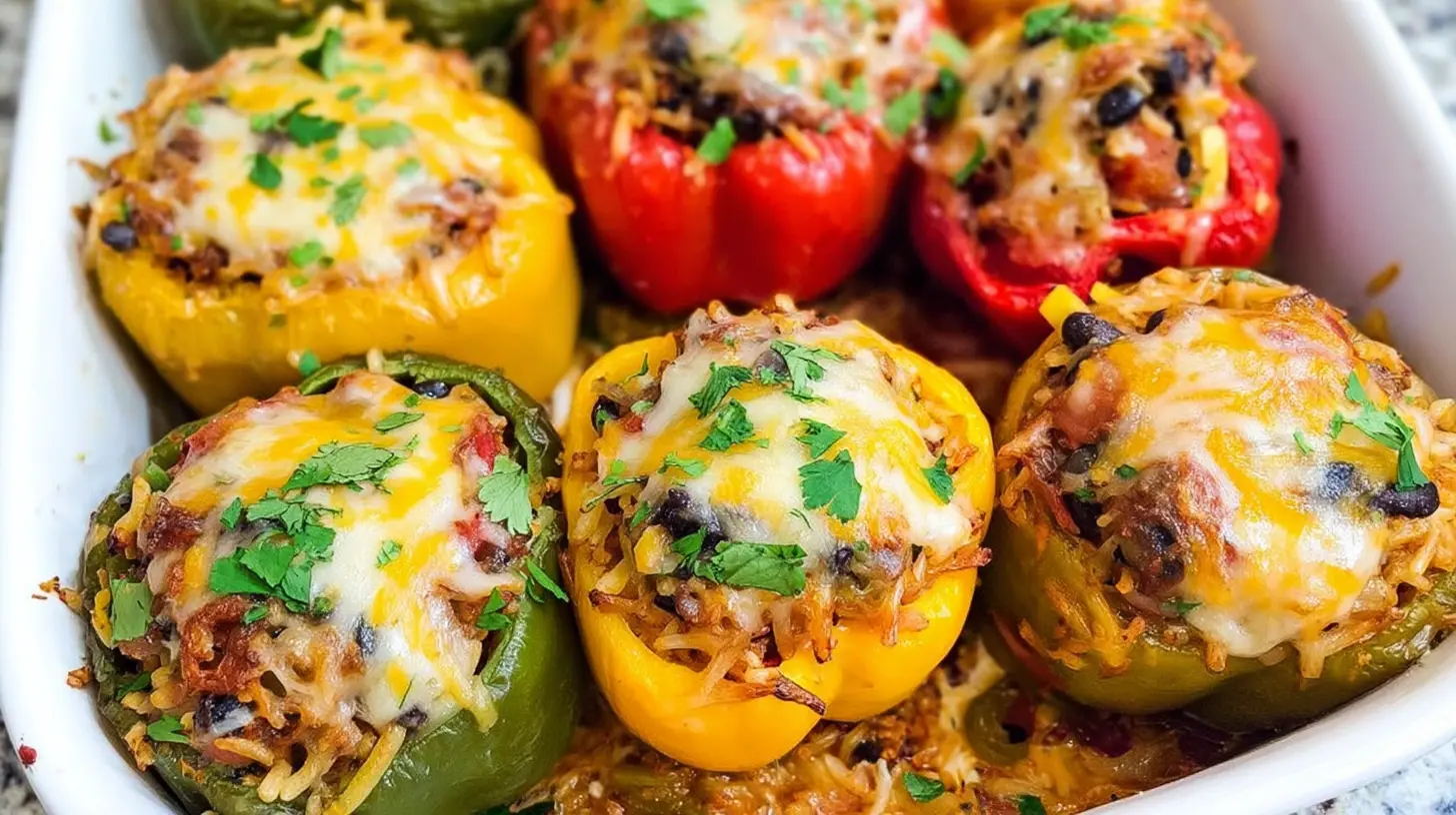 Delicious healthy stuffed bell peppers, bursting with vibrant ingredients