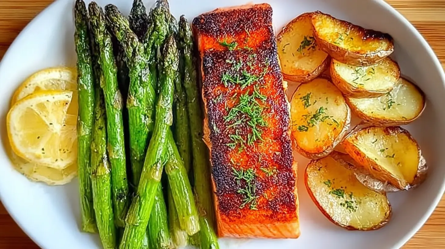 Freshly prepared healthy salmon dinner featuring a grilled salmon fillet and colorful side dishes.