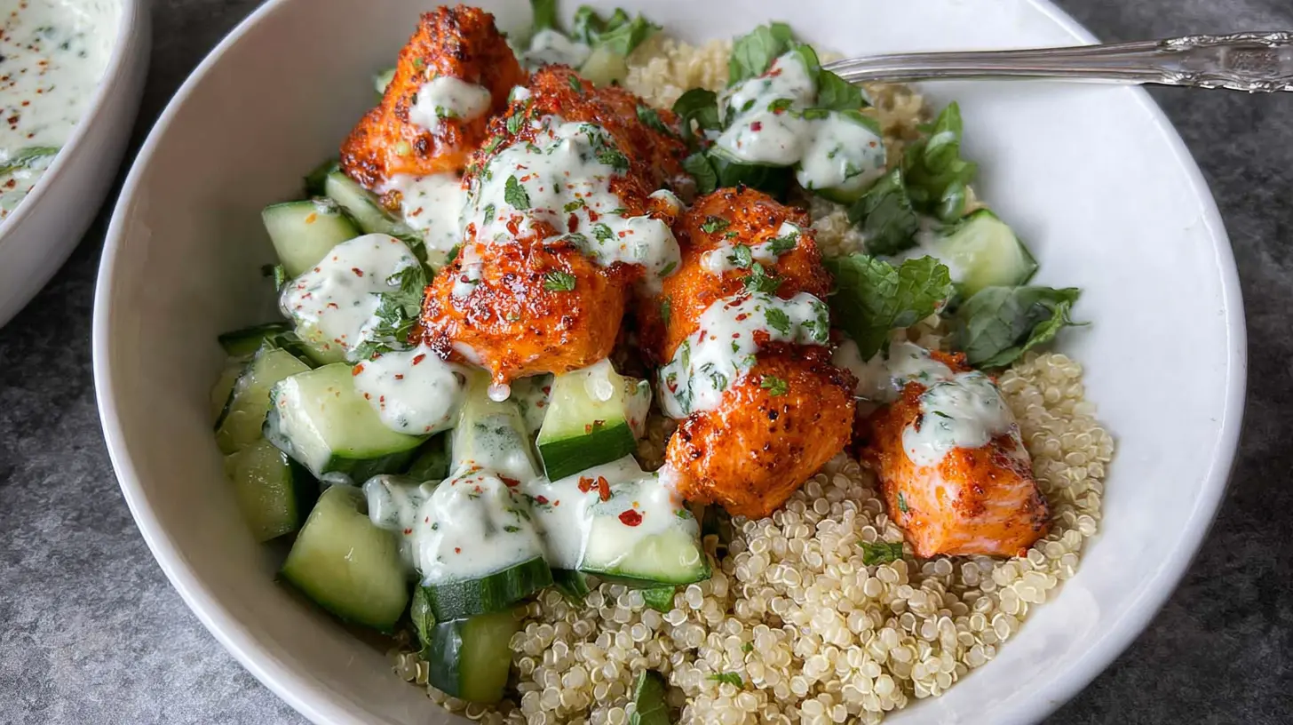 A colorful fresh salmon and quinoa bowl topped with avocado and greens.