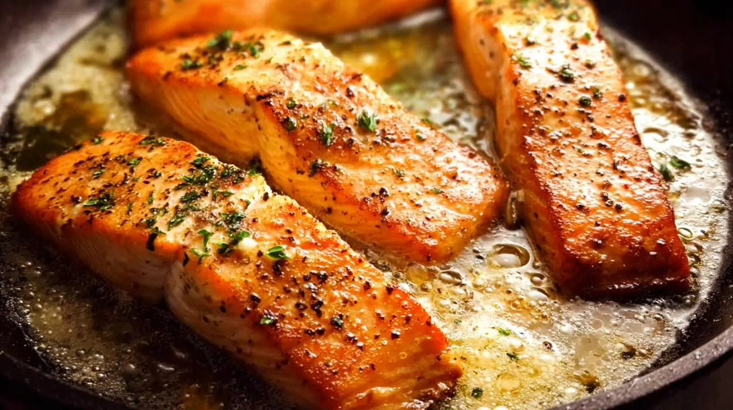 A perfectly cooked garlic butter salmon skillet with herbs and lemon slices.