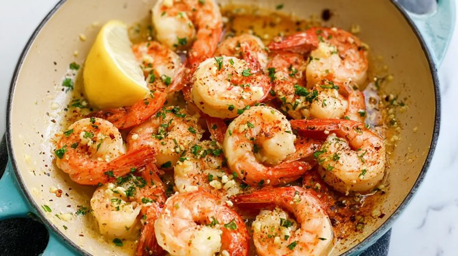 A sizzling garlic butter shrimp skillet, perfectly golden.