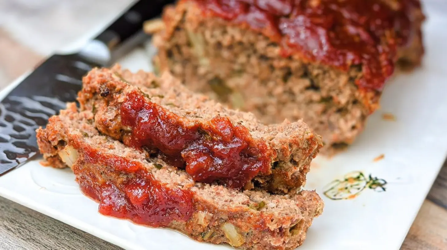 A freshly baked Grandma’s classic meatloaf, sliced and ready to serve.