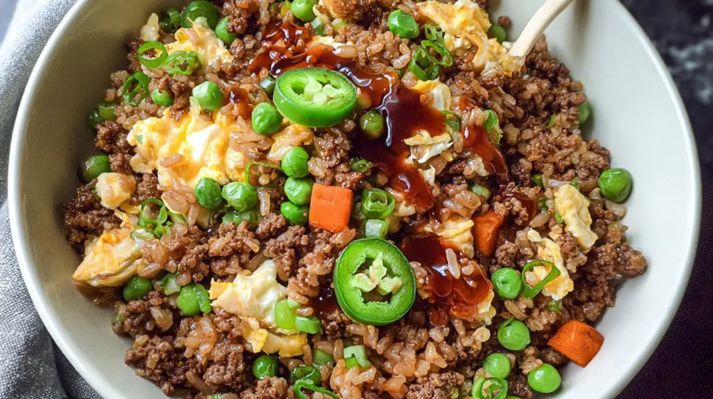 Close-up of ground beef fried rice with vegetables.