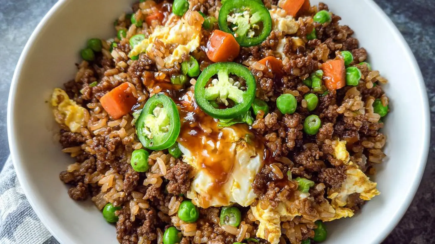 A serving of delicious ground beef fried rice in a bowl.
