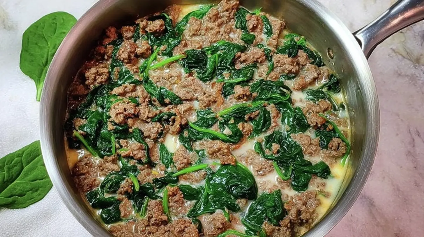 A steaming dish of ground beef and spinach prepared for dinner.