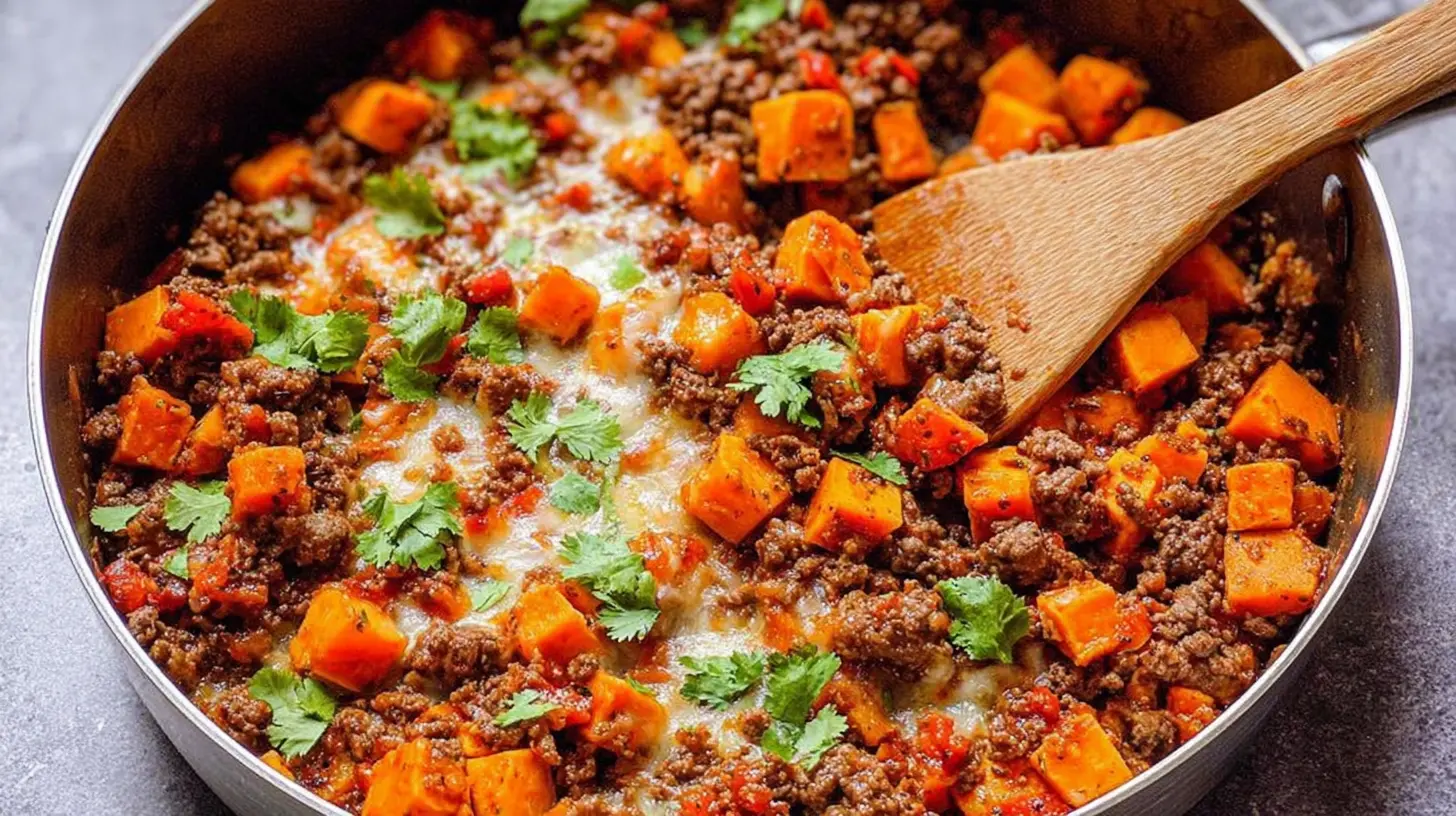 A full pan of ground beef and sweet potato skillet cooked to perfection.