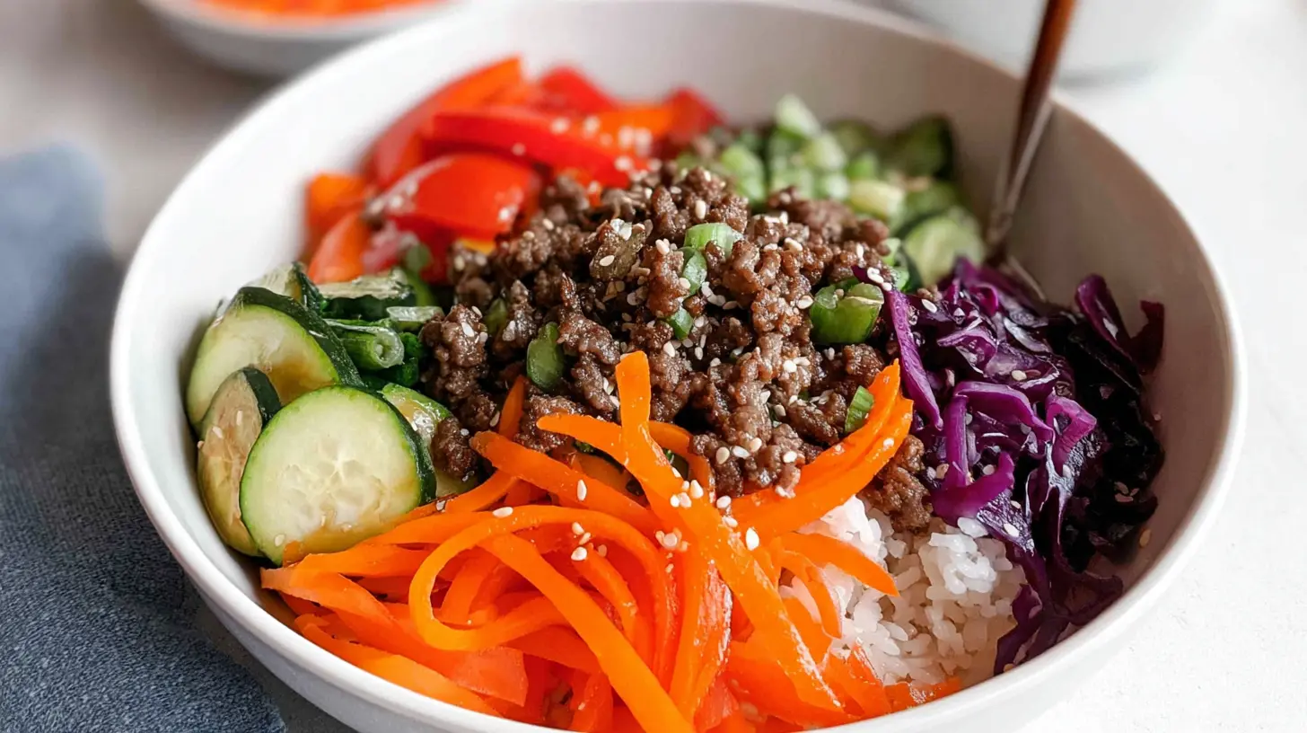 Ground beef veggie bowls with colorful vegetables and rice