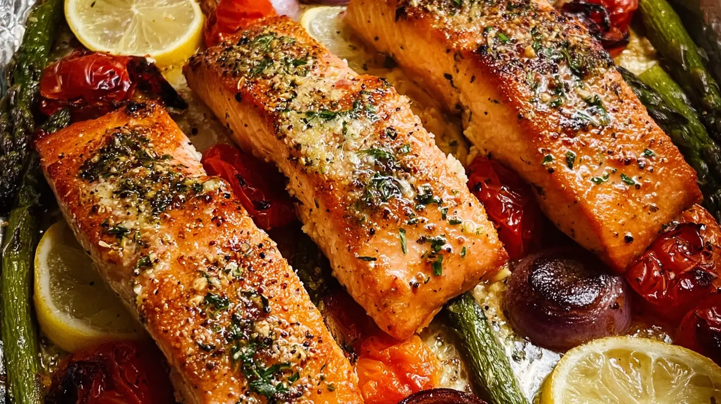 A plate of healthy baked salmon with colorful roasted vegetables
