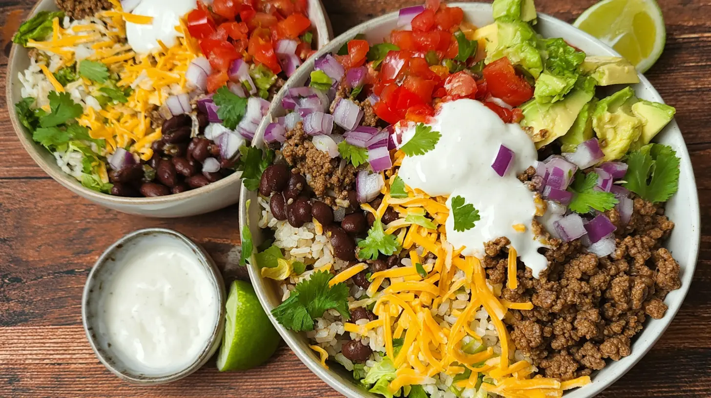 A vibrant and healthy ground beef taco bowl with fresh toppings.