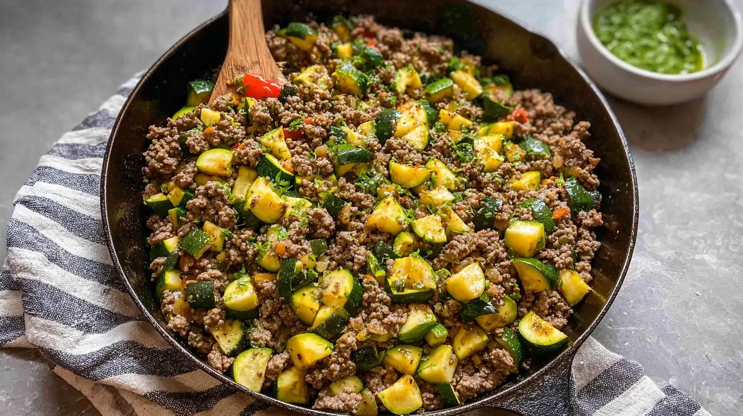 A healthy ground beef and zucchini skillet cooked with colorful vegetables.