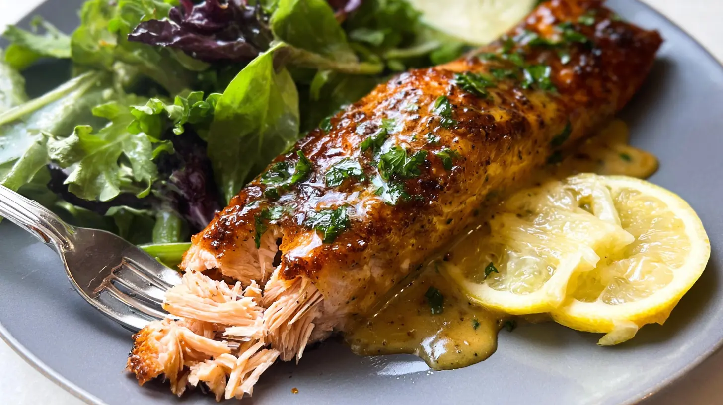 Healthy baked salmon with a glistening honey mustard topping.