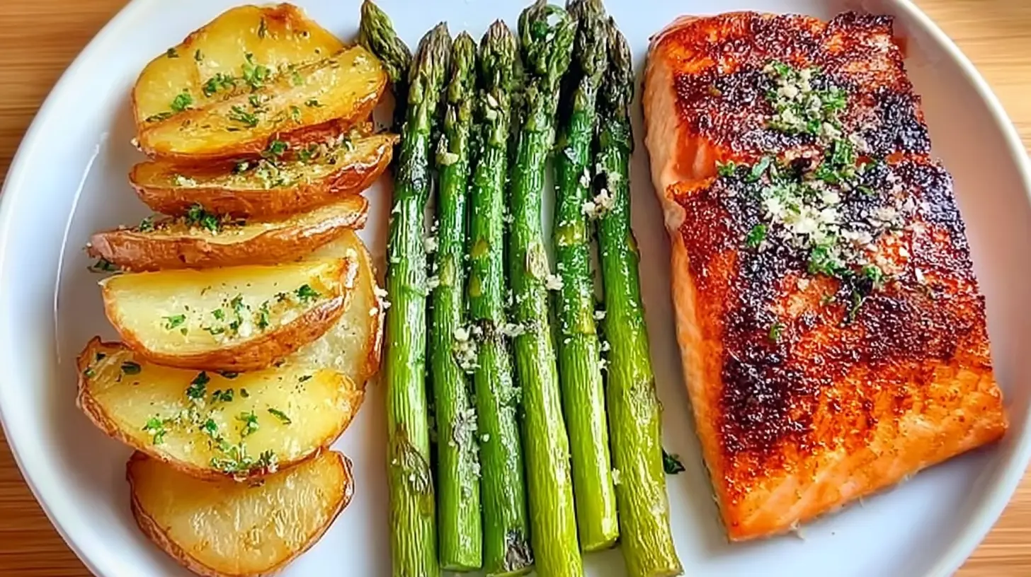 A healthy salmon dinner plate with perfectly cooked salmon and vibrant vegetables.