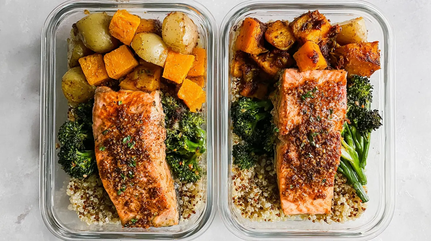 A healthy salmon meal prep with roasted vegetables and rice in a container.