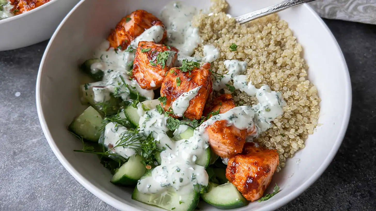A vibrant healthy salmon and quinoa bowl with fresh vegetables.
