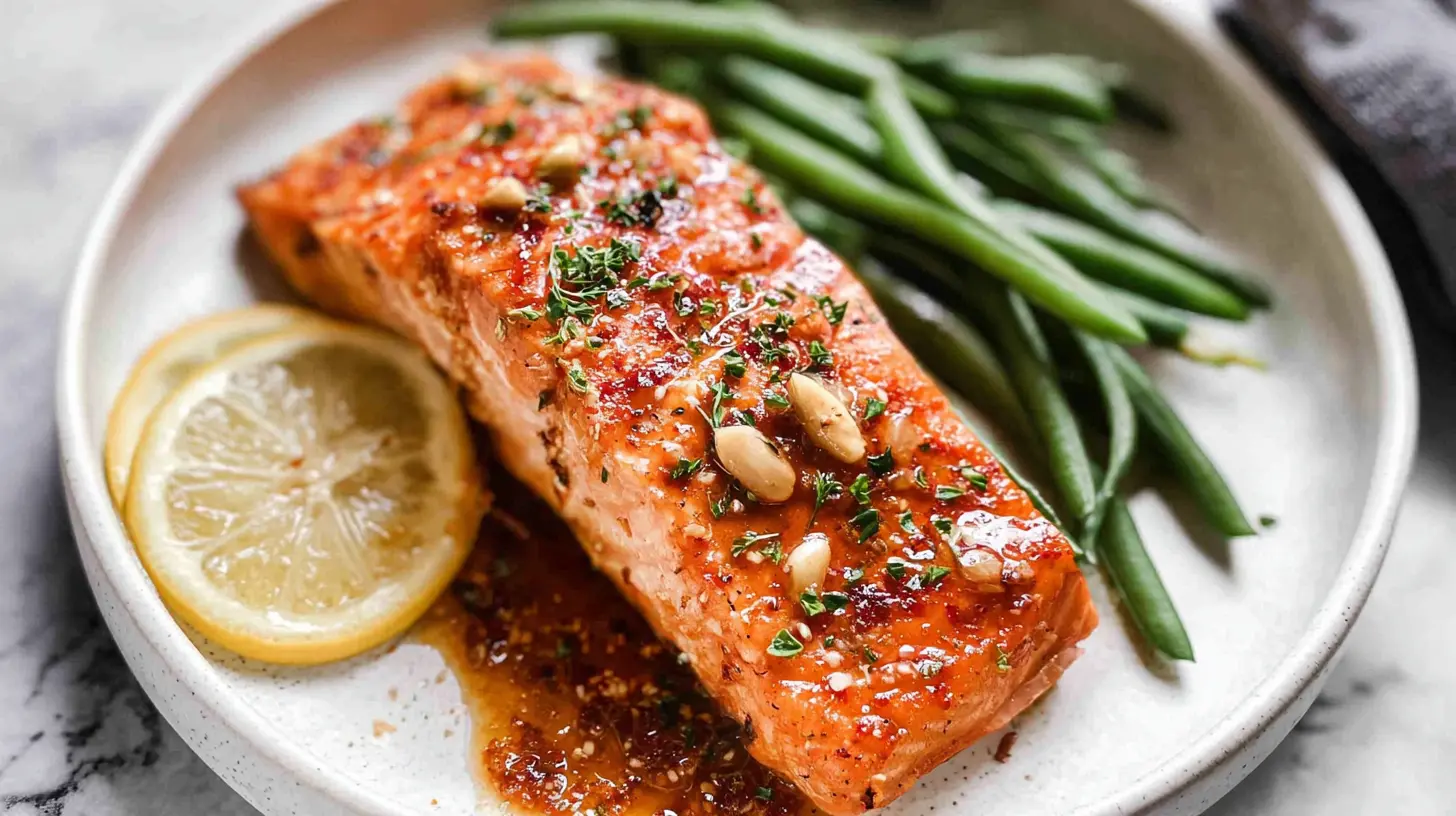 Healthy baked salmon with fresh garlic and herbs.