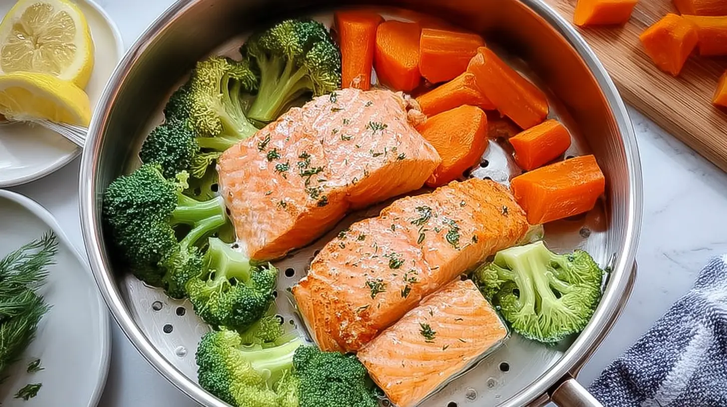 A plate featuring a perfectly cooked salmon fillet alongside a colorful medley of steamed vegetables.