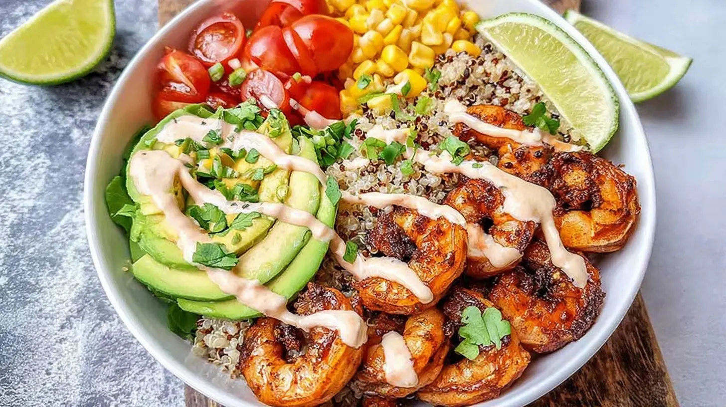 A colorful healthy shrimp bowl filled with fresh vegetables and seasoned shrimp
