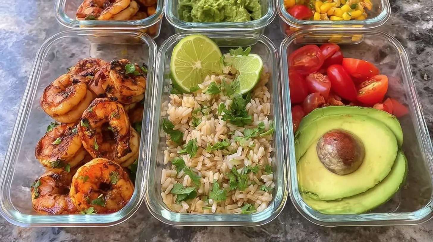 A healthy shrimp meal prep container with rice and vegetables