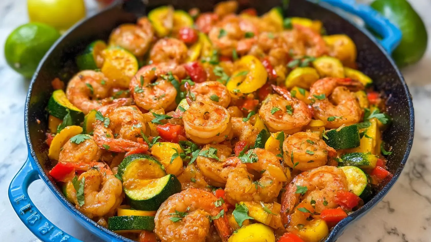 A colorful, healthy shrimp and veggie skillet filled with fresh ingredients.