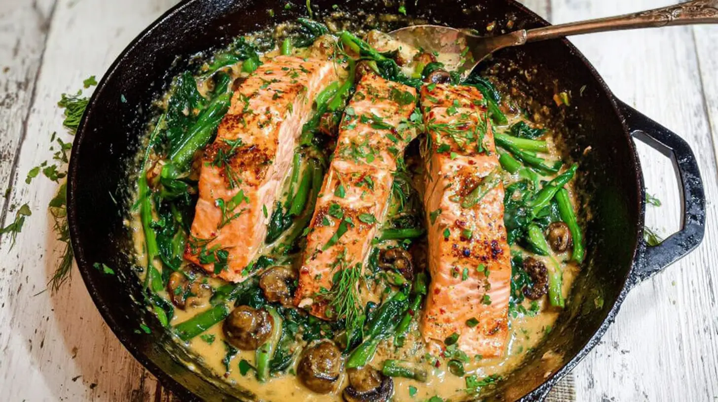 Fresh salmon and colorful vegetables prepared for a healthy skillet dinner