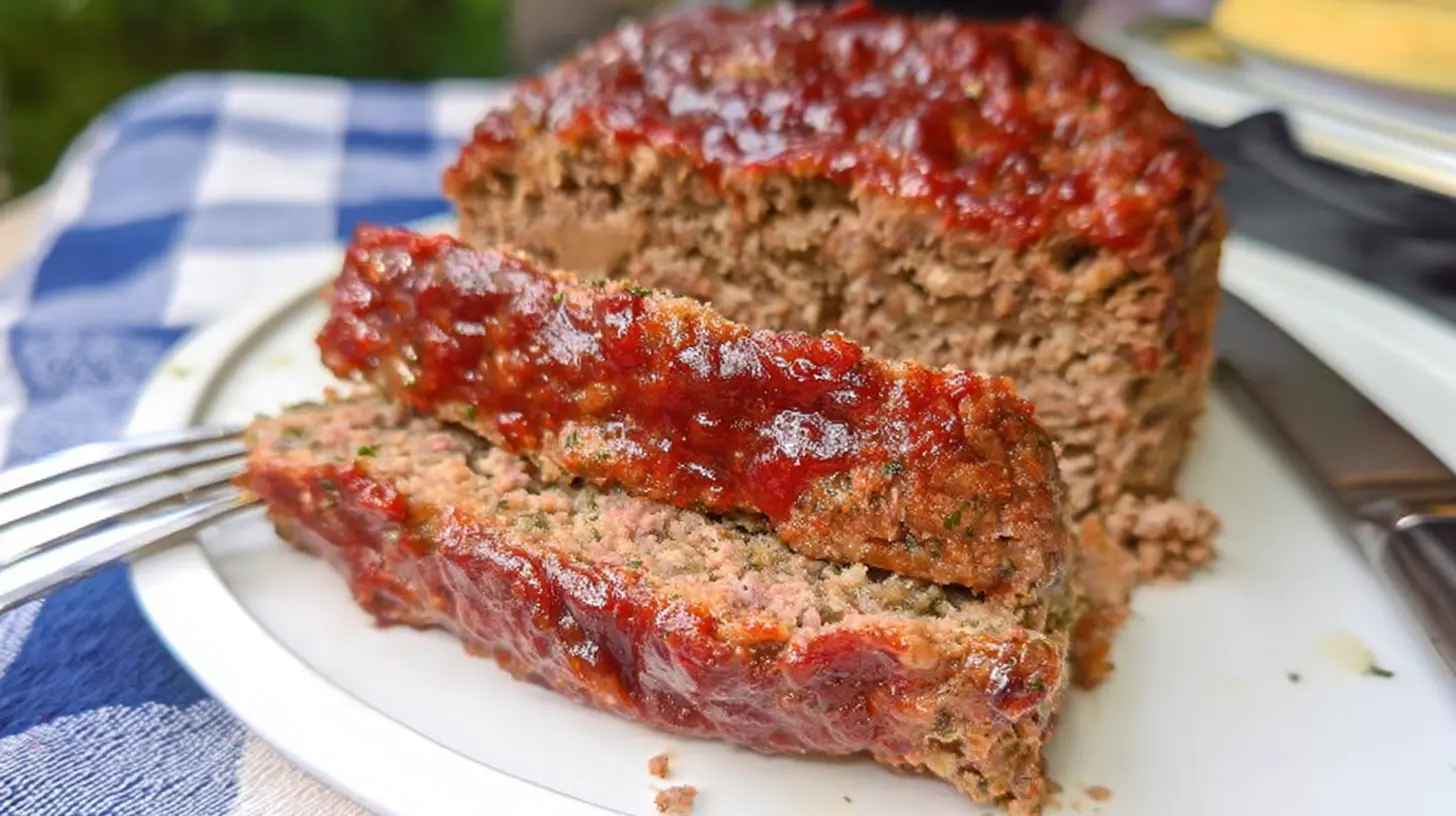 A hearty beef meatloaf with a glaze, presented on a platter.