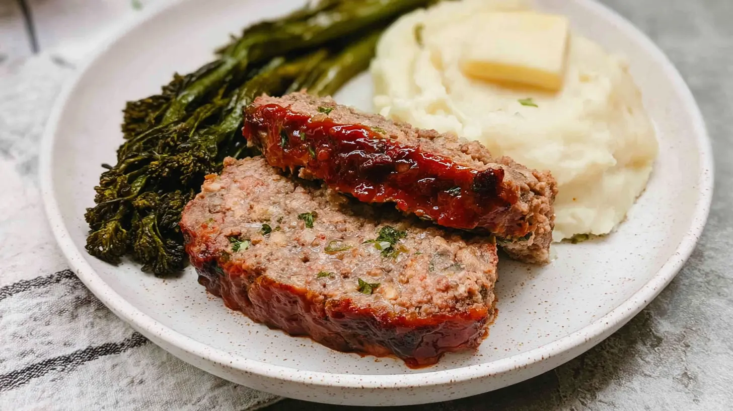 Traditional meatloaf slice accompanied by creamy mashed potatoes and gravy.
