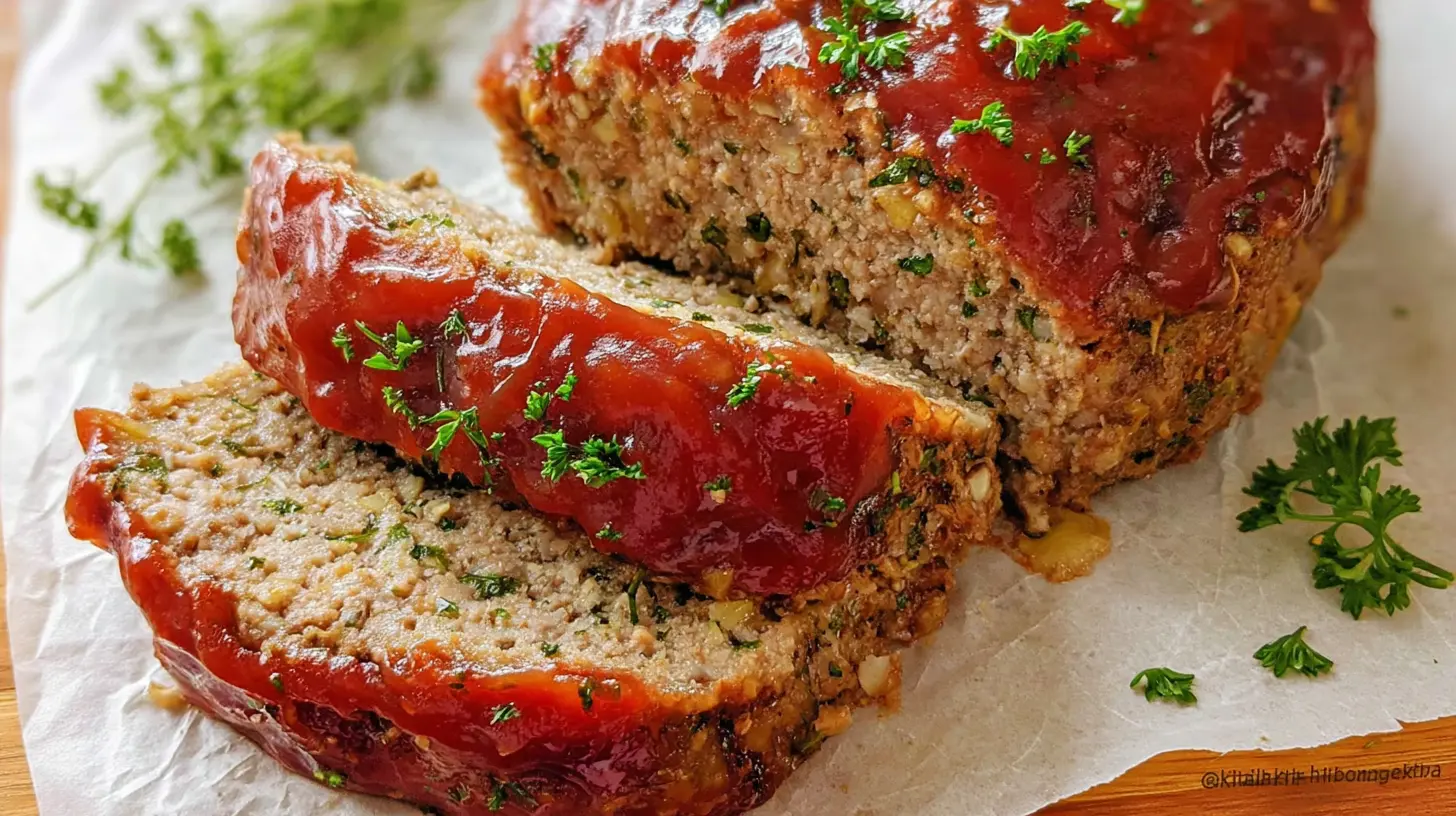 Hearty classic meatloaf recipe freshly baked and sliced.