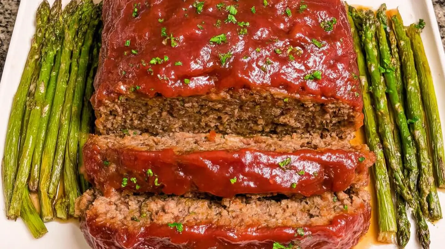 Hearty traditional meatloaf with a glaze, ready to serve.