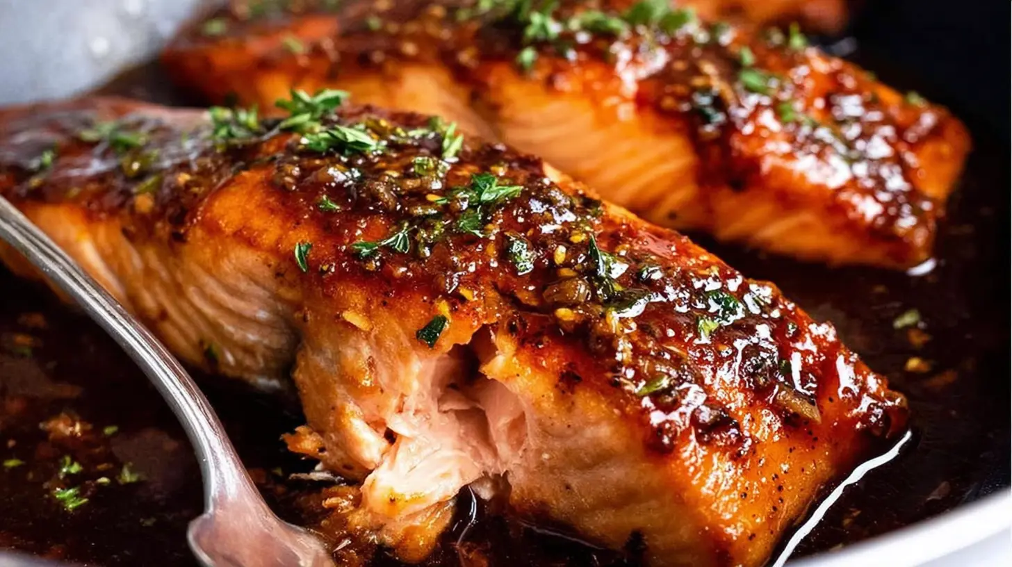 A perfectly cooked honey garlic salmon fillet, glistening and golden brown.