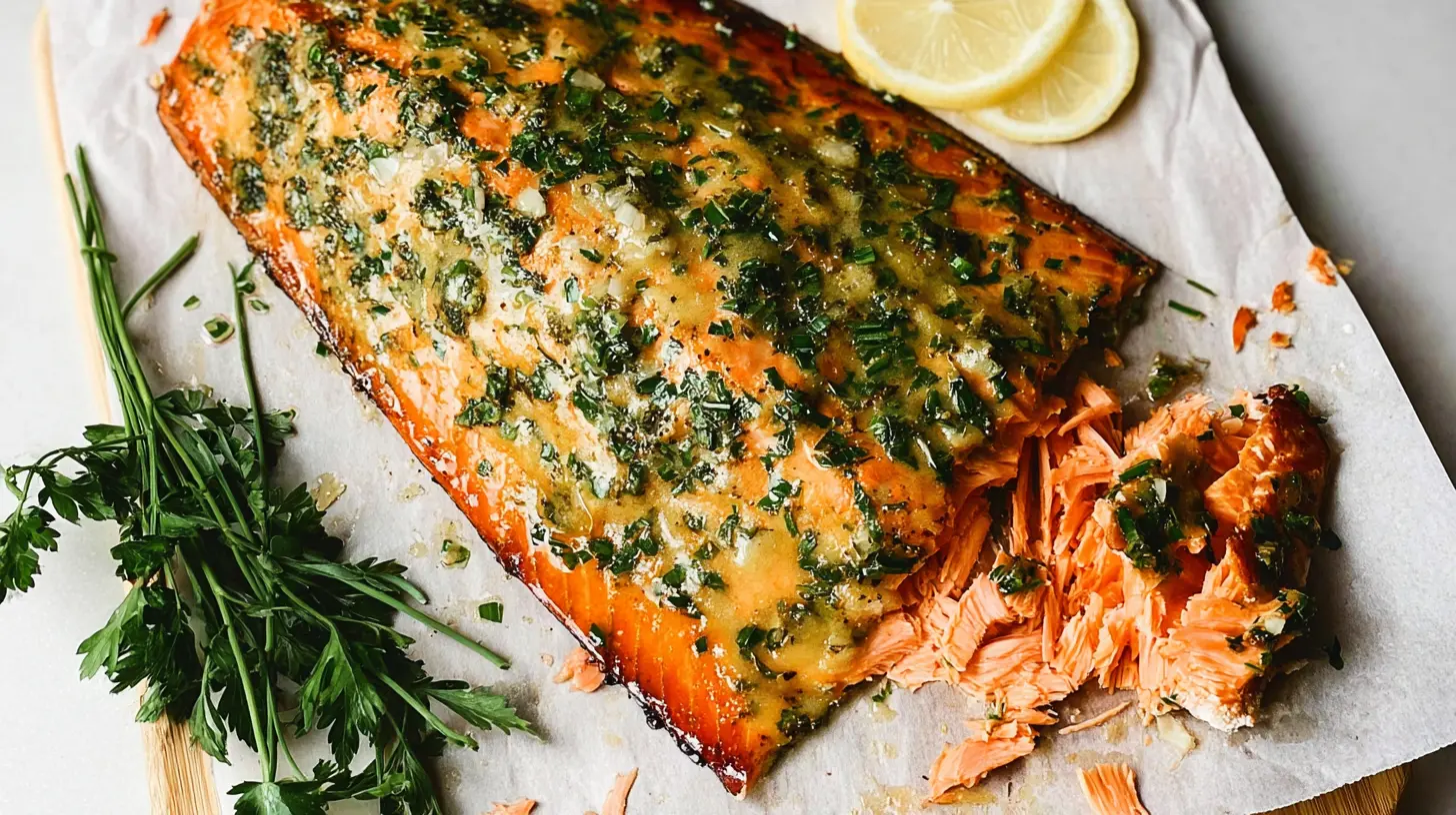 A perfectly cooked, juicy baked salmon fillet on a serving plate.