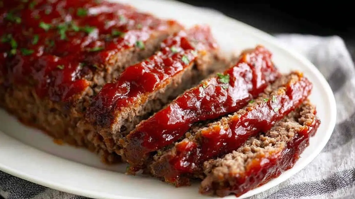 Delicious quick meatloaf covered in a smooth, red ketchup glaze.